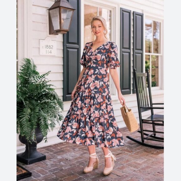 Gal Meets Glam Dresses & Skirts - Gal Meets Glam Green Floral Midi Dress with Pink and Cream Blooms